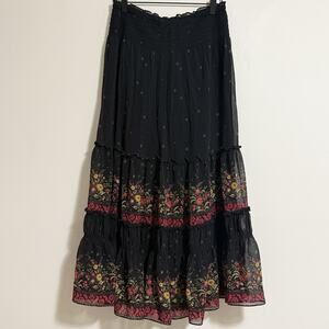 Express Silk Tiered Floral Black Maxi Skirt MED Stretch Waist Boho Festival
